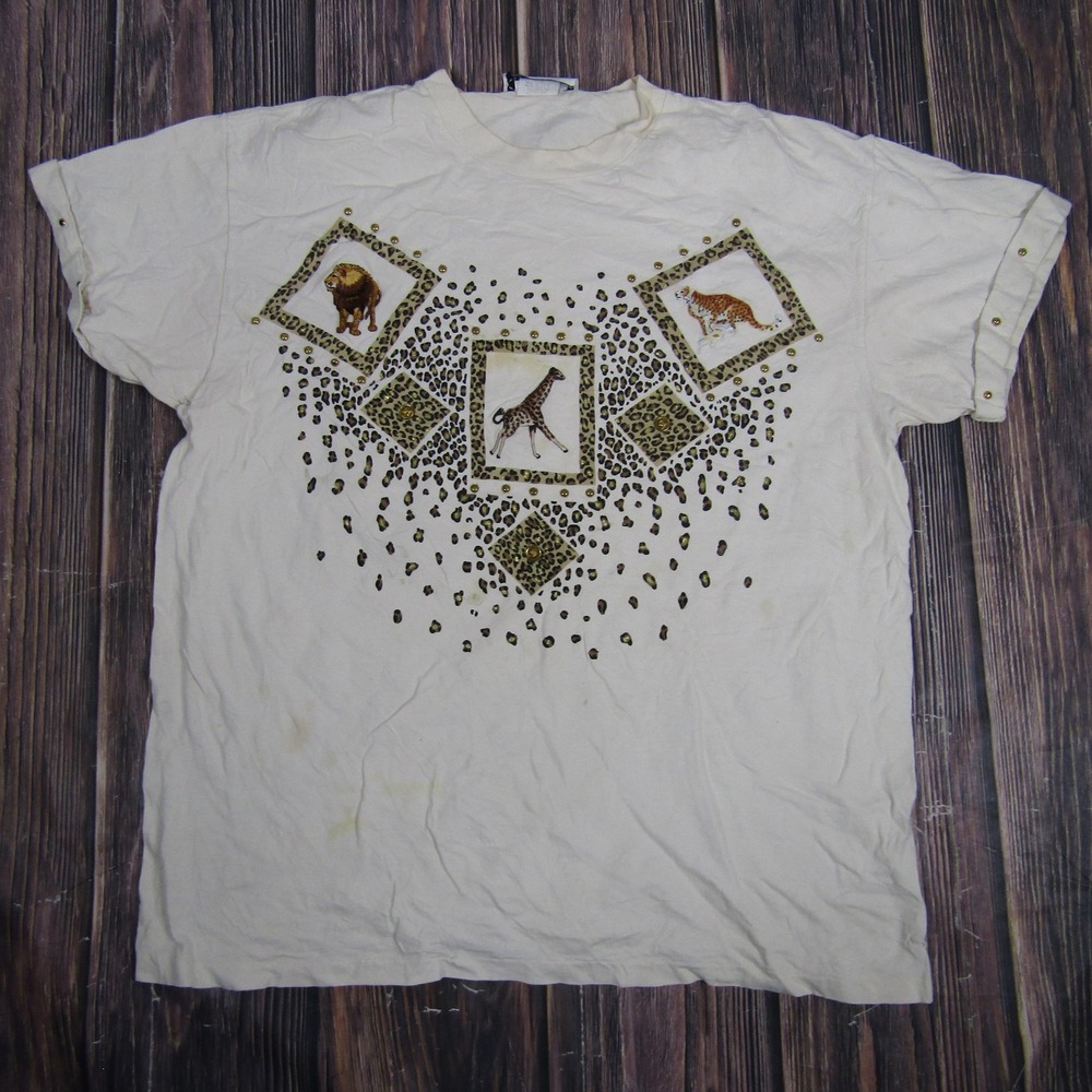 Vintage Pinocchio Shirt Mens Large Safari Animal Print Lion Giraffe Tiger‎ 90s